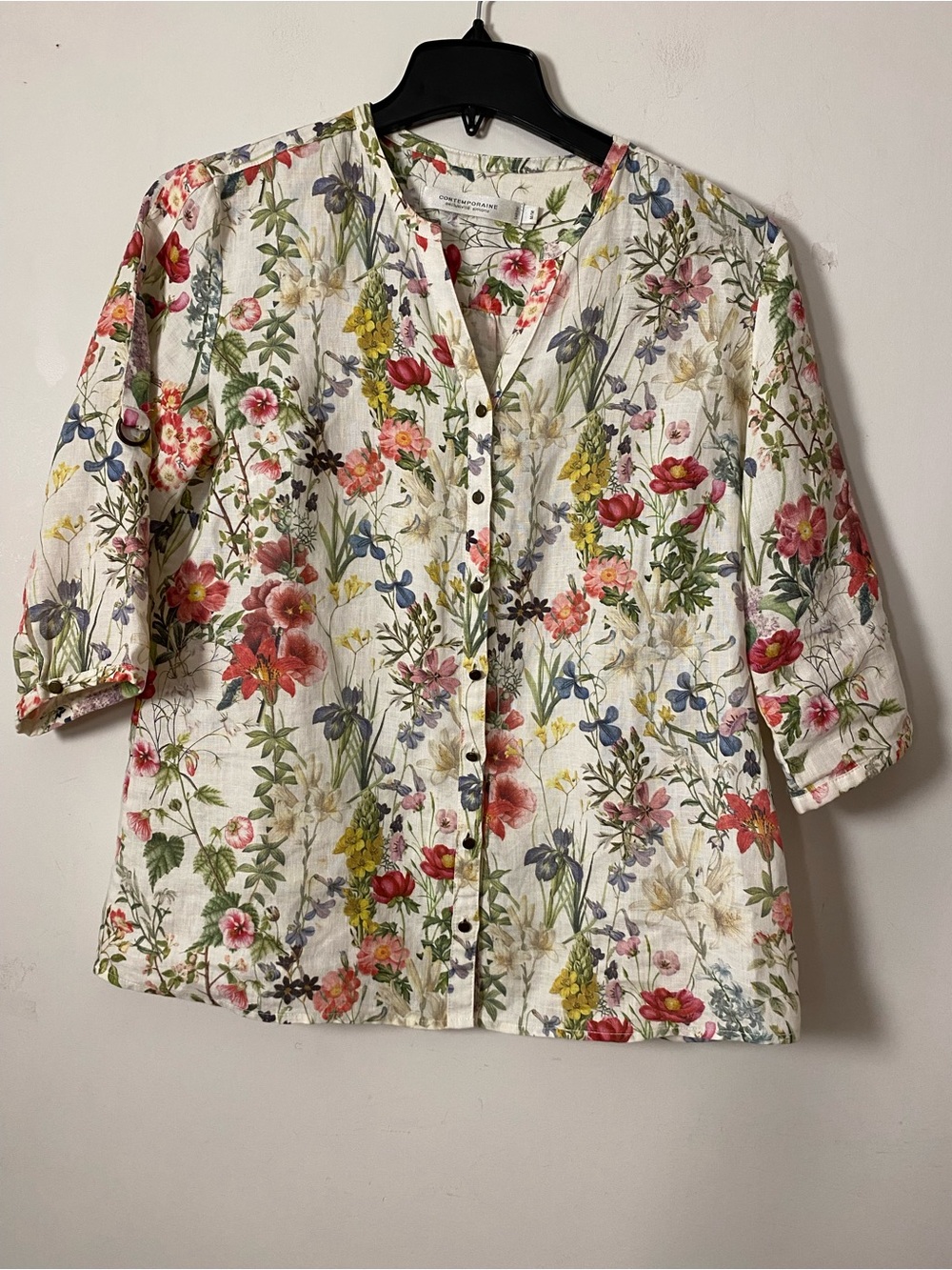 Women’s Linen Floral Button-Front Top in White with Multicolor Blooms